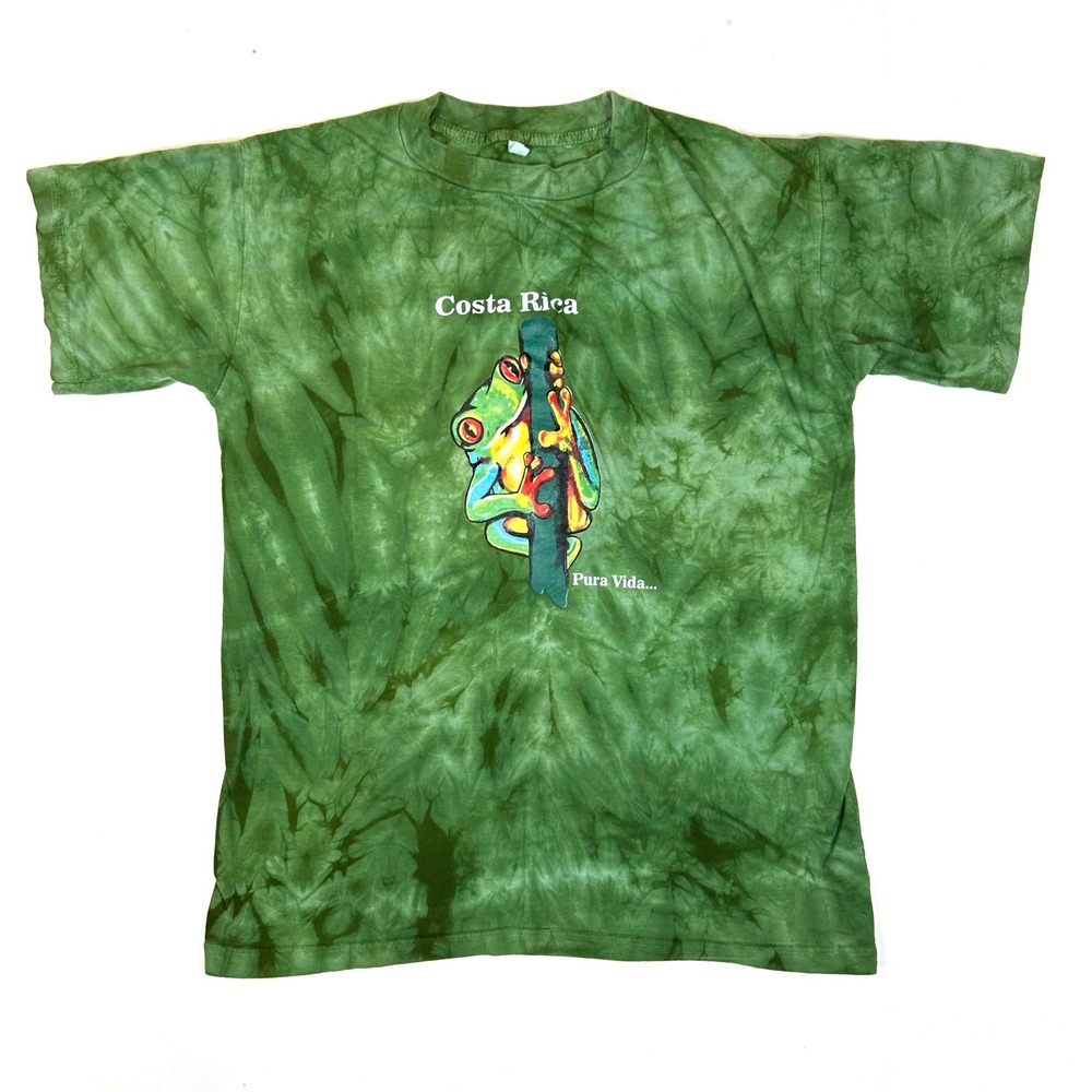 Costa Rica Pura Vida Red Eyed Tree Frog Green Tie Dye T-Shirt Medium Vintage 90s